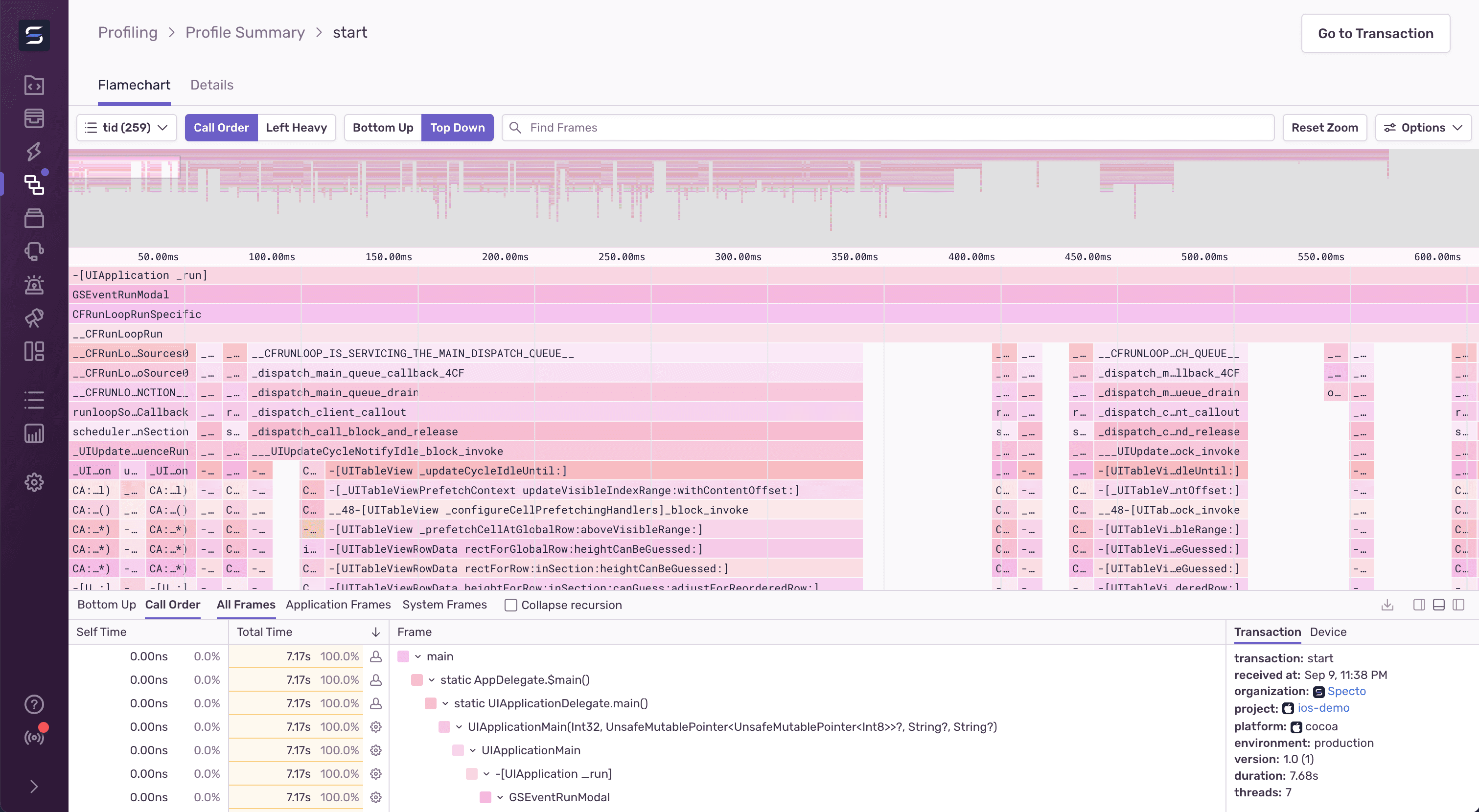 Sentry view of iOS Profile